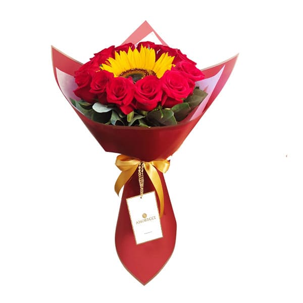Ramo 12 rosas rojas y girasol - Regalos para hombres y mujeres